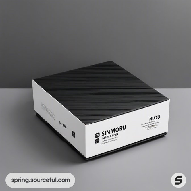 Black and white minimalist packaging box with textured lid.