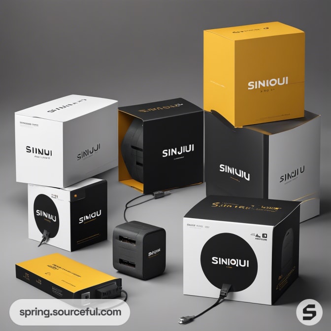 Assorted black and yellow electronic device packagings.