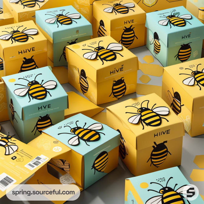 Yellow and teal boxes with bee illustrations, square shape.