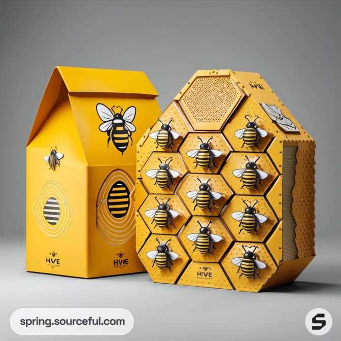 Hexagonal yellow bee-themed package with bee graphics.