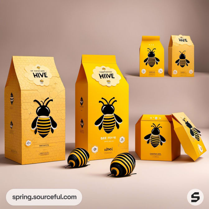 Yellow bee-themed packaging with bee illustration and hexagonal shape.