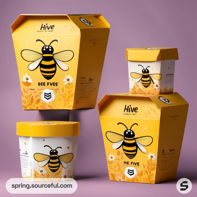 Yellow and white bee-themed containers with bee illustrations.