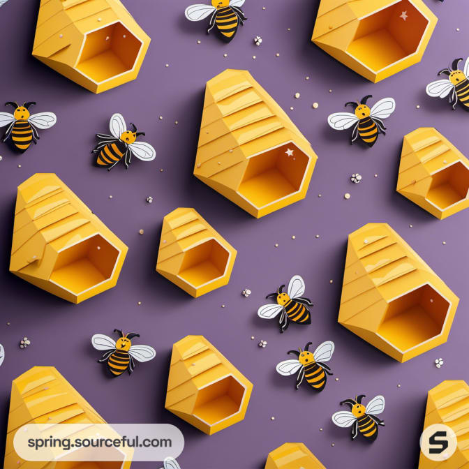Yellow honeycomb-shaped containers with bee illustrations on purple backdrop.