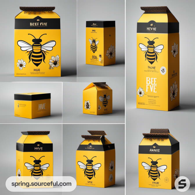 Multiple yellow cartons with bee illustrations and textured tops.