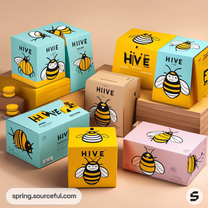 Colorful boxes in teal, yellow, pink with bee illustrations.