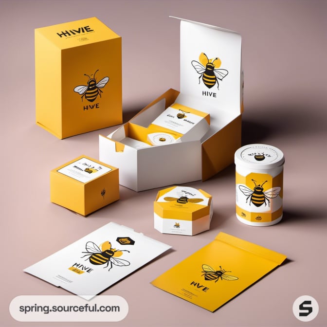 Bee-themed packaging set with multiple box shapes and styles.