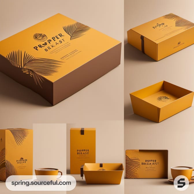 Brown and yellow nested packaging with leaf design for pastries.