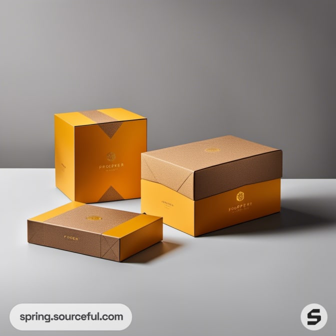 Orange and brown squared packaging boxes with band design.