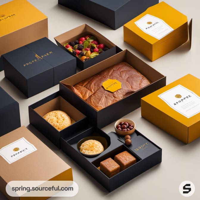 Assorted pastries in black and orange divided boxes with labels.