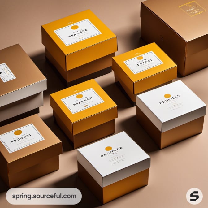 Yellow and brown boxes with white label lids, arranged on brown surface.