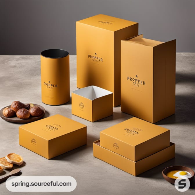 Tall and flat yellow boxes on gray surface with some pastries.