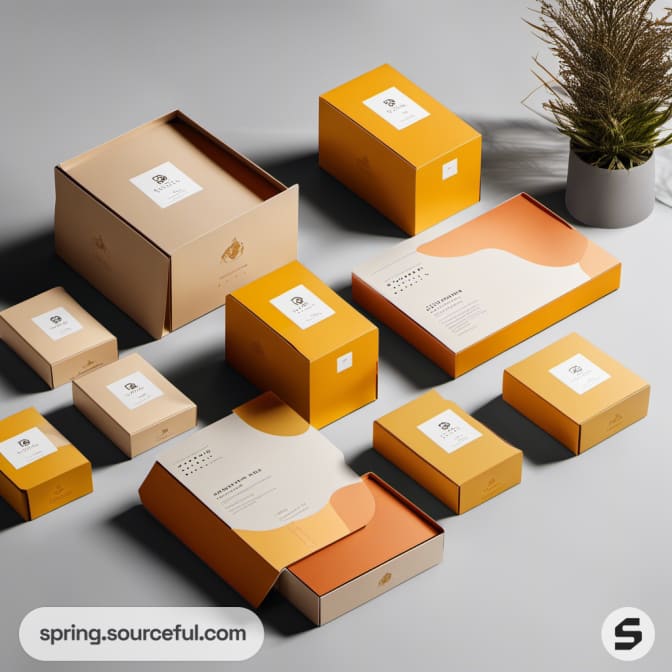 Assortment of orange and beige boxes with abstract design, on gray.