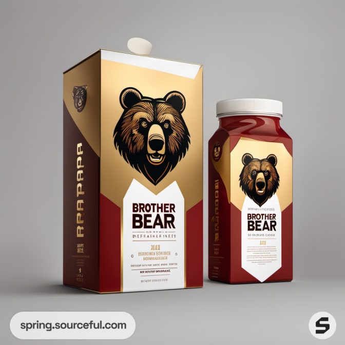 Box and bottle with bold bear image and geometric design.