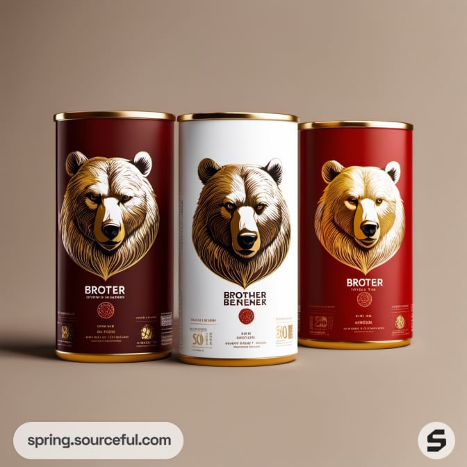 Three cylindrical tins with gold bear heads on red and white backgrounds.