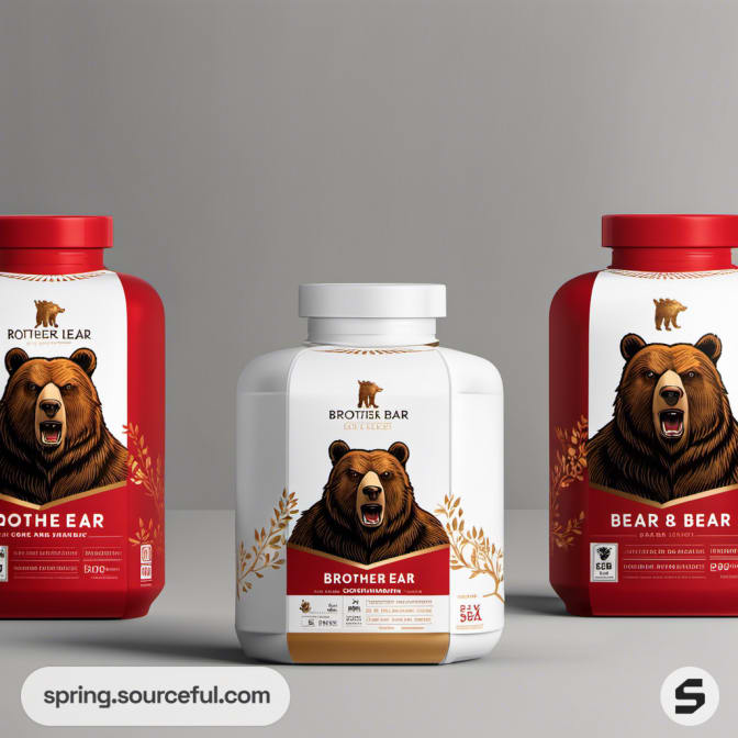 Red and white containers with aggressive bear illustrations.