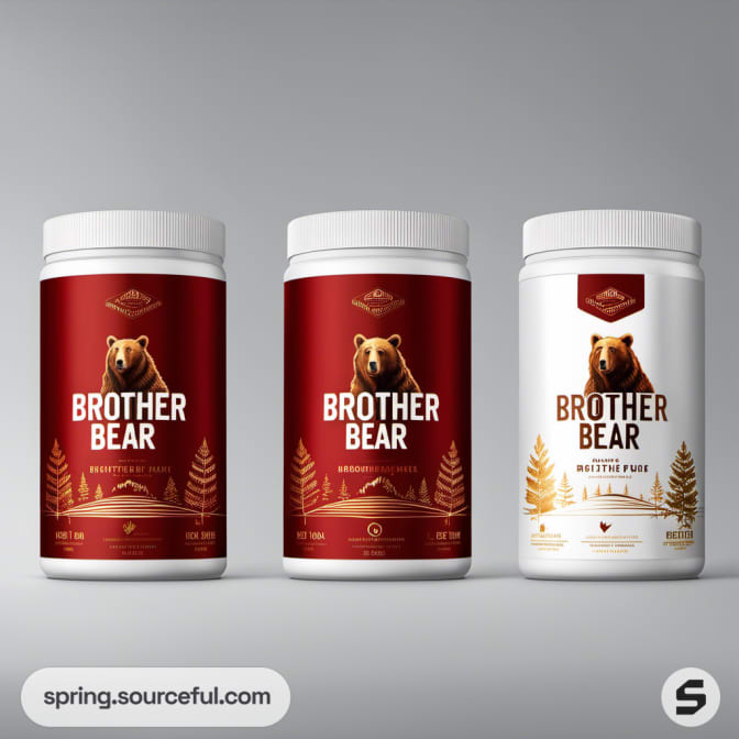 Three jars with minimal bear design on red and white labels.