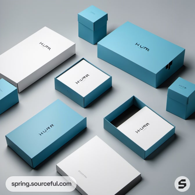 Assorted blue and white boxes placed on a white surface.