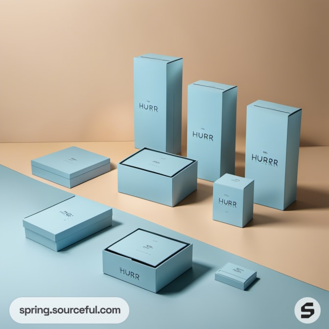 Various sized blue boxes on beige and blue background.