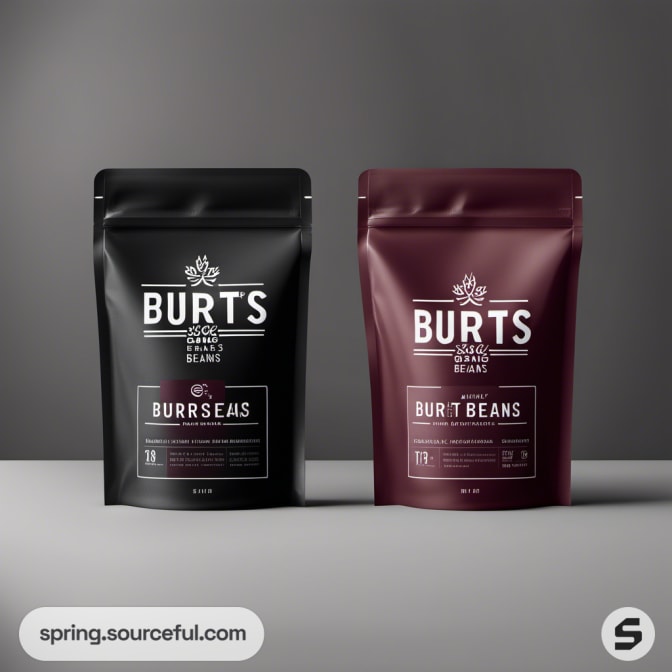 Two coffee pouches in black and maroon on a grey background.