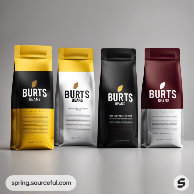 Four coffee bags in yellow, black, and maroon colors on a grey background.