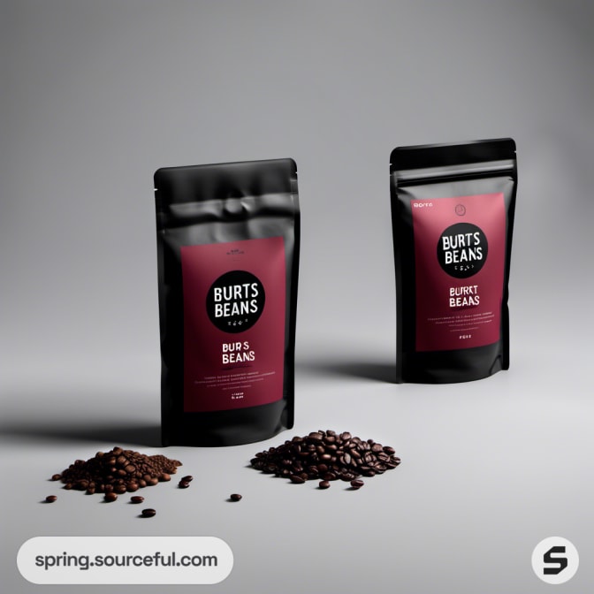 Two maroon and black coffee pouches with beans scattered.