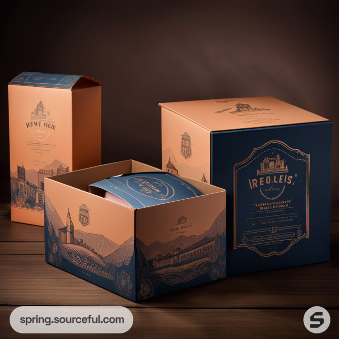 Elegant cardboard boxes with intricate designs and dark blue labels on a wooden surface.