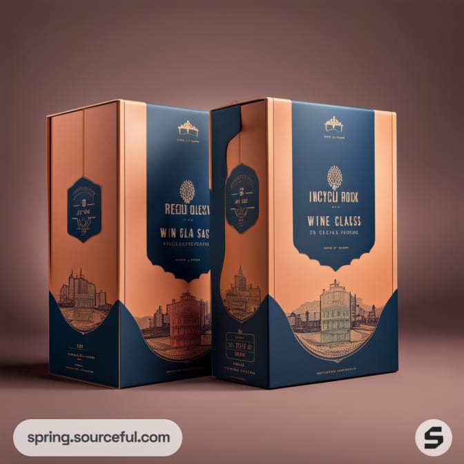 Tall blue and copper gift boxes with cityscape illustrations and ornate labels on a brown background.