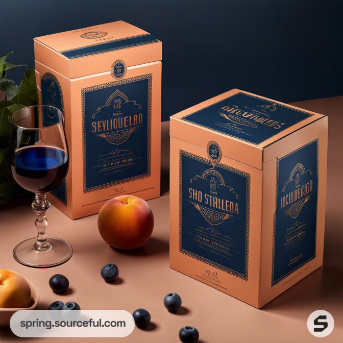 Peach-colored wine boxes with blue labels next to a glass of red wine, peaches, and blueberries.