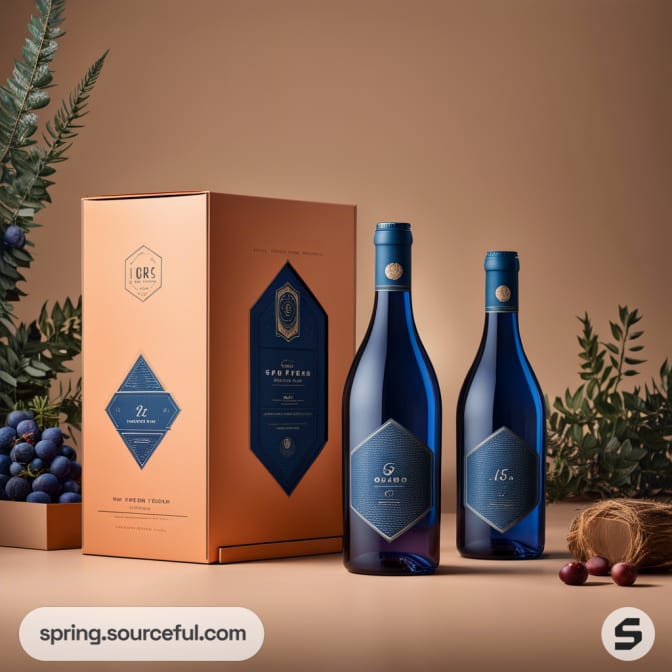 Two blue wine bottles with gold accents next to a tan colored box with blue design elements, set on a brown surface.