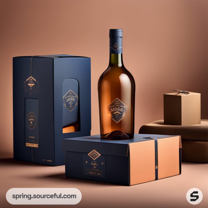 A brown glass bottle with blue and gold packaging, including a tall box and a flat square box on a brown background.