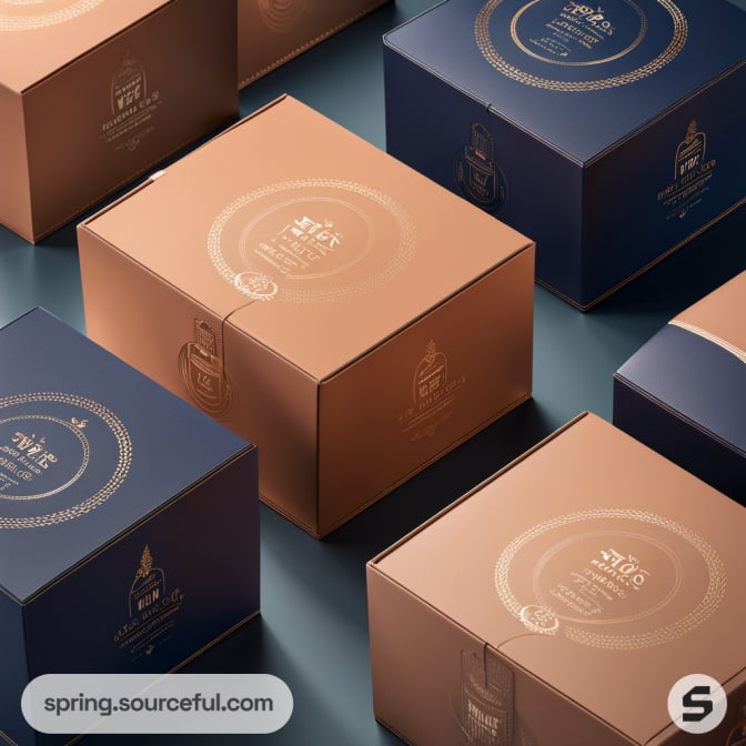 Navy blue and tan boxes with circular gold designs on a dark surface.
