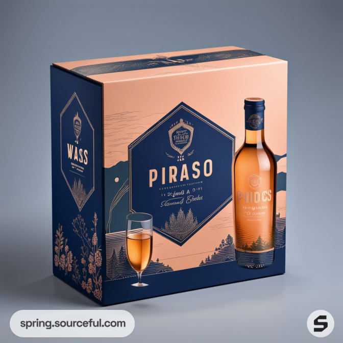 Orange and navy gift box with a bottle of amber liquor and a full glass next to it.