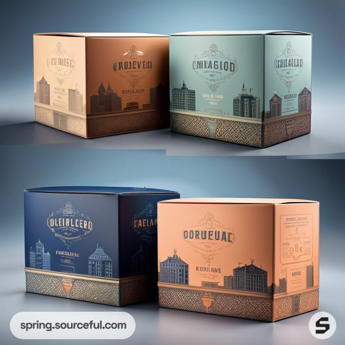 Two elegant rectangular boxes with cityscape designs in muted blue and brown hues.