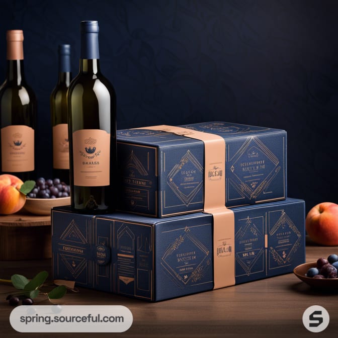 Two bottles of wine next to stacked navy blue gift boxes with peach accents, surrounded by fruits on a dark background.