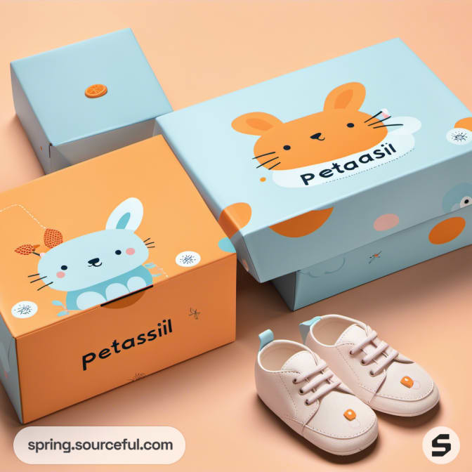 Animal-themed shoe boxes in orange and blue with cartoon rabbits and cats, paired with kids' shoes.