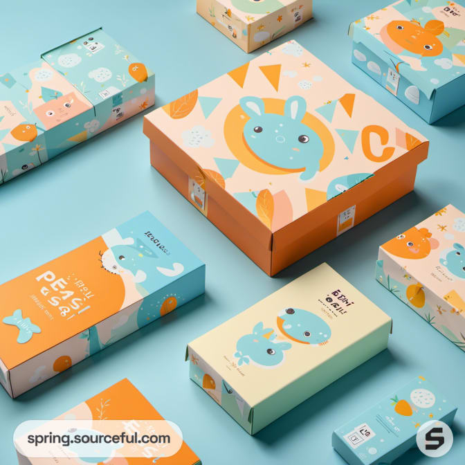 Assorted children's boxes with playful animal and fruit designs in blue and orange tones.