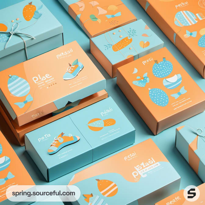 Assorted playful box designs in orange and blue with shoe and fruit graphics.