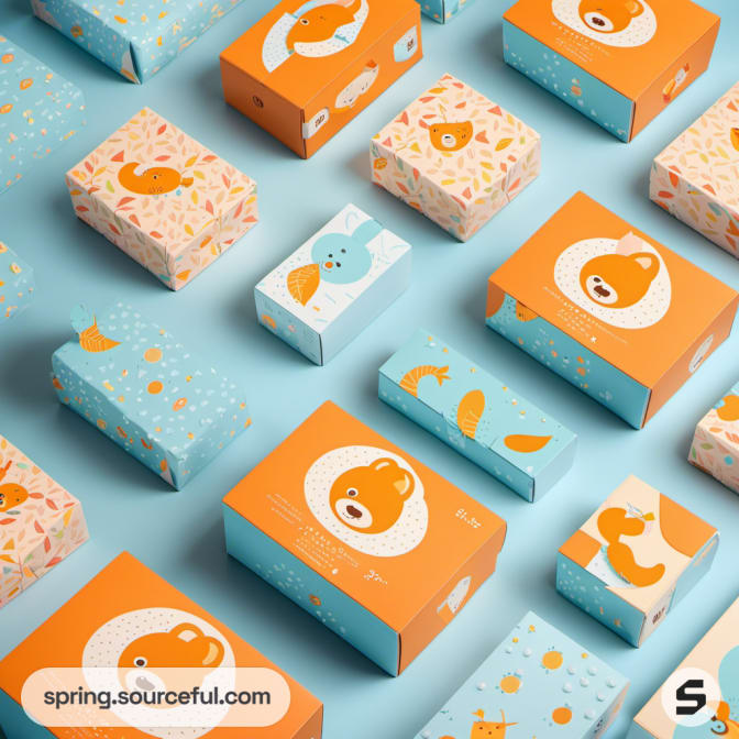 Bear-themed child's packaging with playful designs in orange and blue boxes.