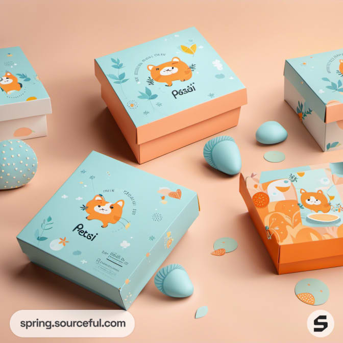 Fox-themed children’s gift boxes with nature and animal graphics in blue and orange.