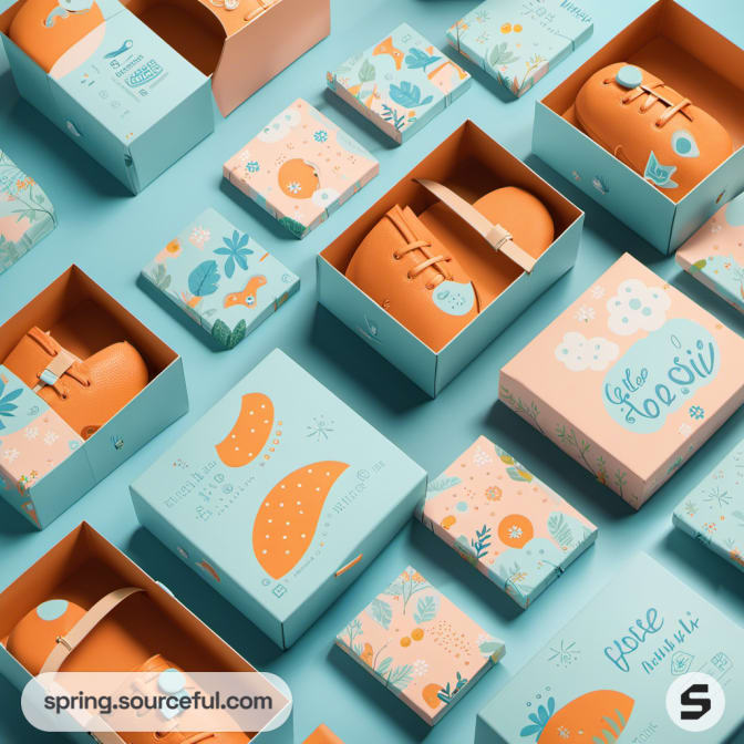 Assorted child shoe boxes with fruits and abstract designs in blue and orange.