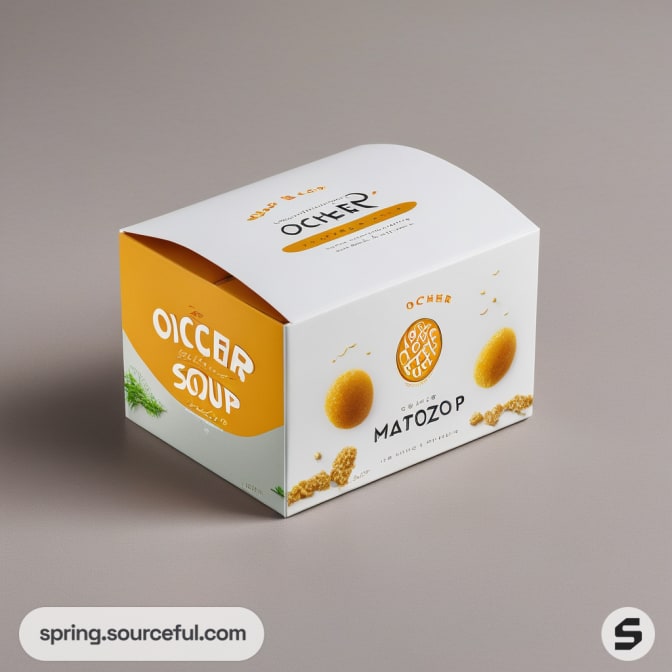 White and orange box packaging for soup.