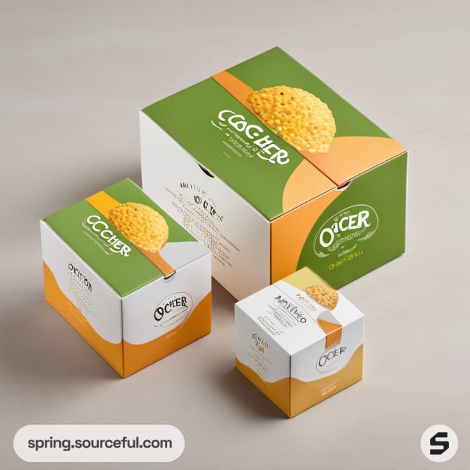 Three soup boxes in orange and green.