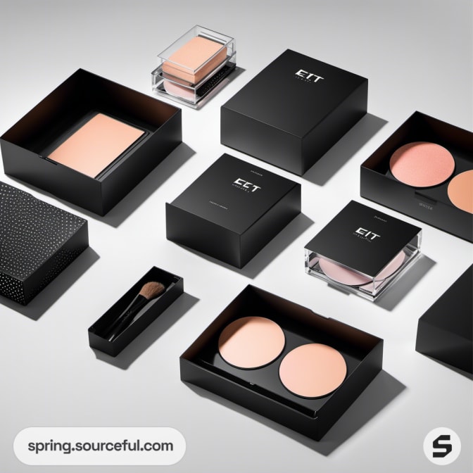 Assorted black and clear cosmetic packaging showcasing compact powders and makeup brushes.