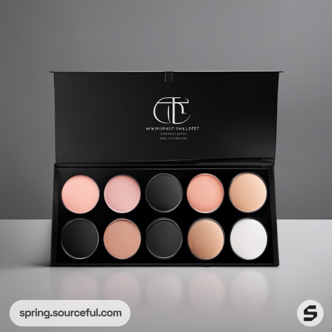 Black makeup palette with ten assorted blush and highlighter shades.