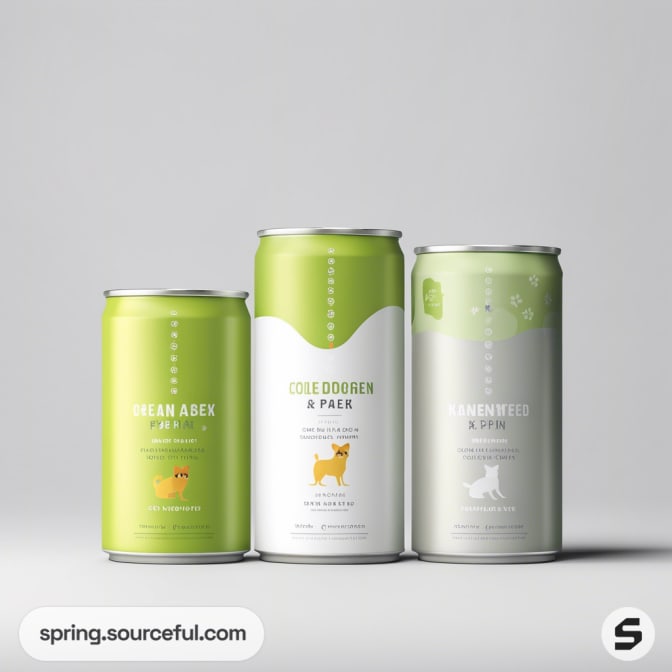 Three green beverage cans of varying sizes with minimalistic design on a light background.