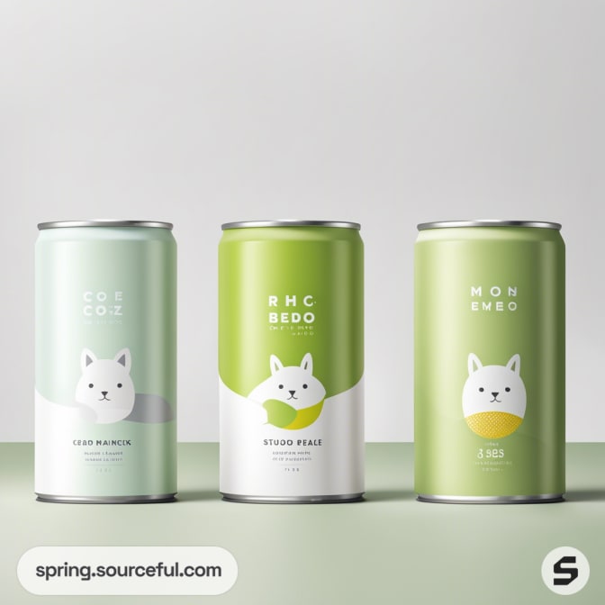 Three cans with minimalist cat designs, in shades of green and white.