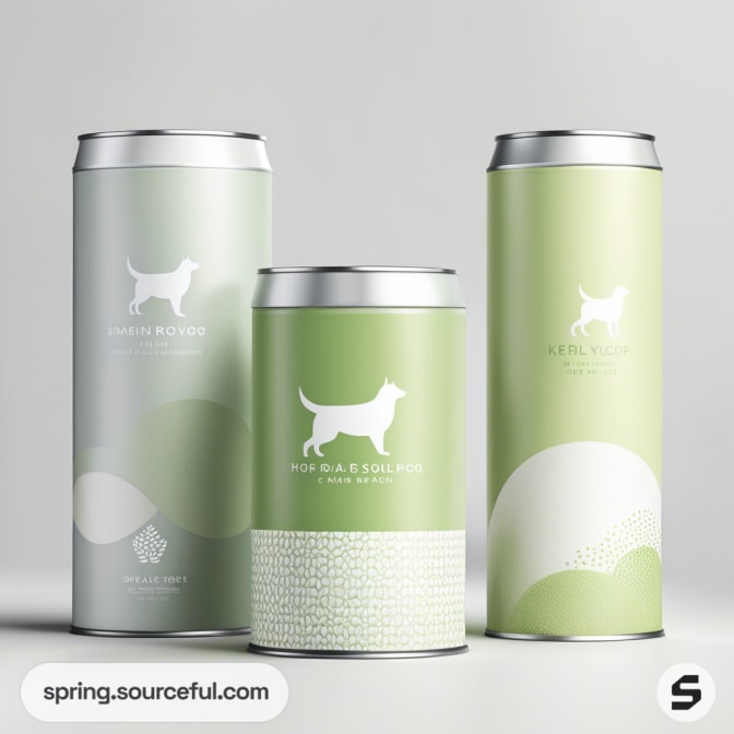 Tall green and gray cylindrical containers with stylized dog silhouette and textured patterns on a white background.