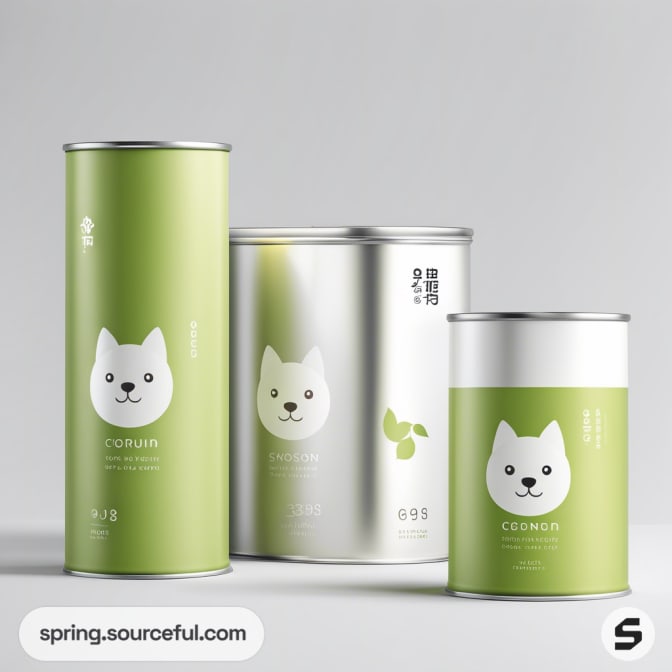 Three cylindrical containers with a cat illustration on green and white labels.