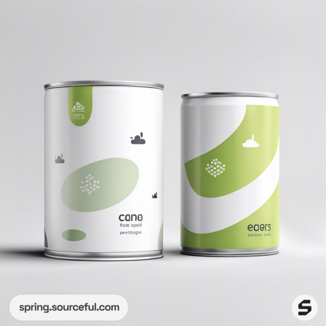 Two metal cans with white and green abstract designs, placed side by side on a light grey background.