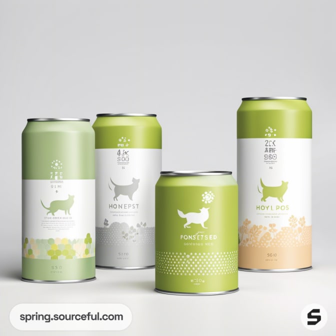 Four green and white beverage cans with nature-themed designs on a light background.